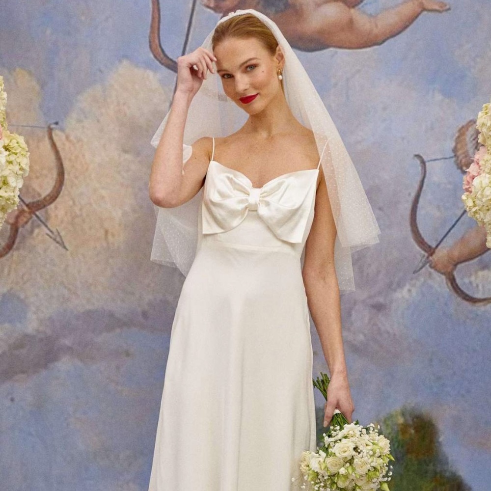 Rixo Bridal Leanna Satin Back Silk Crepe Dress with Bow, Size XS (New w tags)